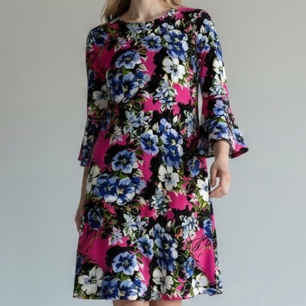 Tommy Hilfiger Shift Dress Pink Blue Floral Bell Sleeve Women's Sz Lg Mod Retro